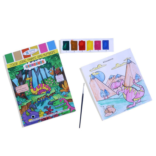 Dinosaur coloring book with paint and number set, paintbrush, and color swatches on a white background