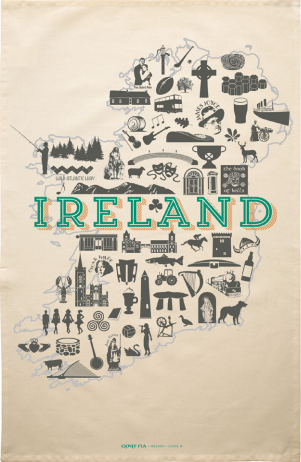 Tea towel with graphic study of Ireland's many and varied icons. With IRELAND word on the center with color green.