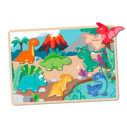 Children's dinosaur puzzle with colorful dinosaurs on a wooden board
