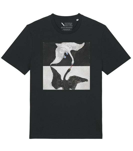 A black short-sleeve crewneck t-shirt featuring a square graphic print of two swans facing each other, one in white and one in black, on the front.