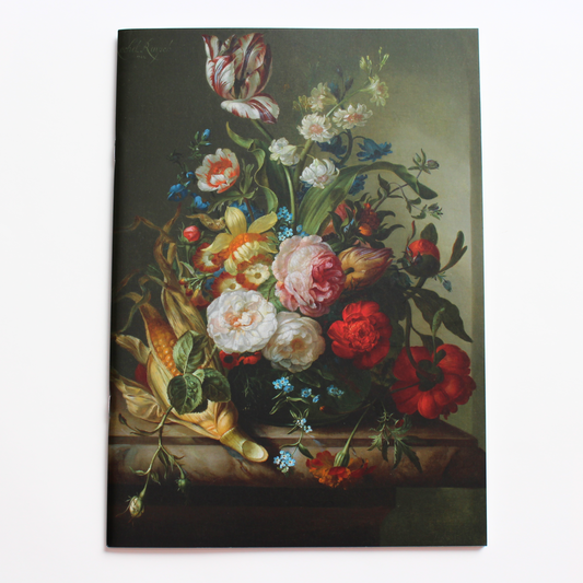 A sketchbook featuring Rachel Ruysch's Vase of Flowers with and Ear of Corn still-life painting on a white background.