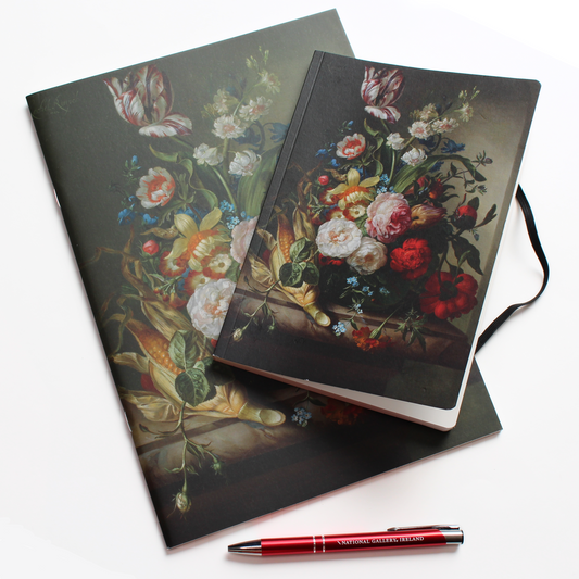 A sketchbook and notebook featuring Rachel Ruysch's Vase of Flowers with and Ear of Corn still-life painting on a white background, accompanied by a red National Gallery pen.