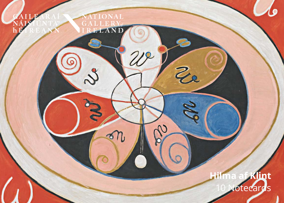 A colorful abstract notecard box cover design featuring a stylized flower-like motif with pink, red, blue, tan, white, and black sections, with the text 'National Gallery Ireland' and 'Hilma af Klint 10 Notecards' visible.