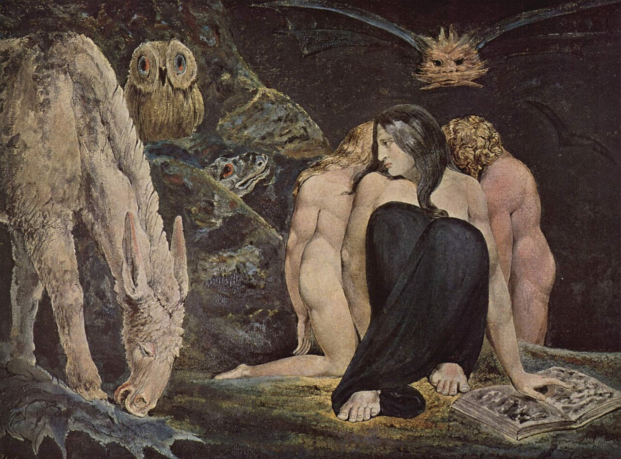 Artistic depiction of three nude figures in a dark, mystical setting with animals and a book.