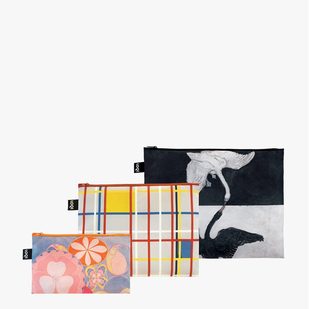 Set of 3 zip pocket bags of ascending sizes. Each one has an abstract painting design, the smallest is by Klint, the middle by Mondrian, and the biggest another by Klint.