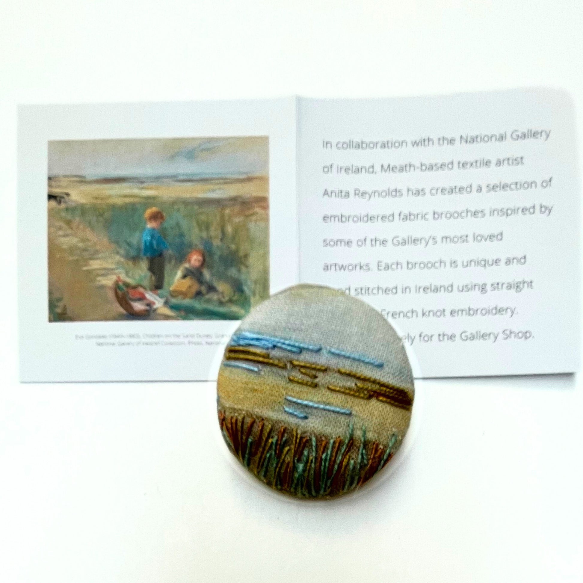 Anita Reynolds brooch based on Eva Gonzalès's Children on the Sand Dunes  with card insert
