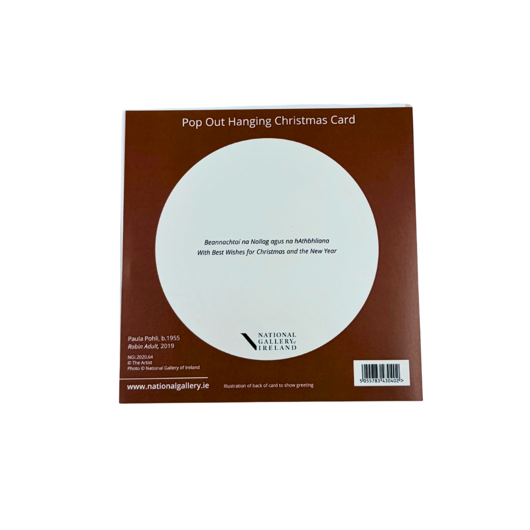 The back of a brown 'Pop Out Hanging Christmas Card' packaging card from National Gallery Ireland, featuring a large white circular cutout and product details.