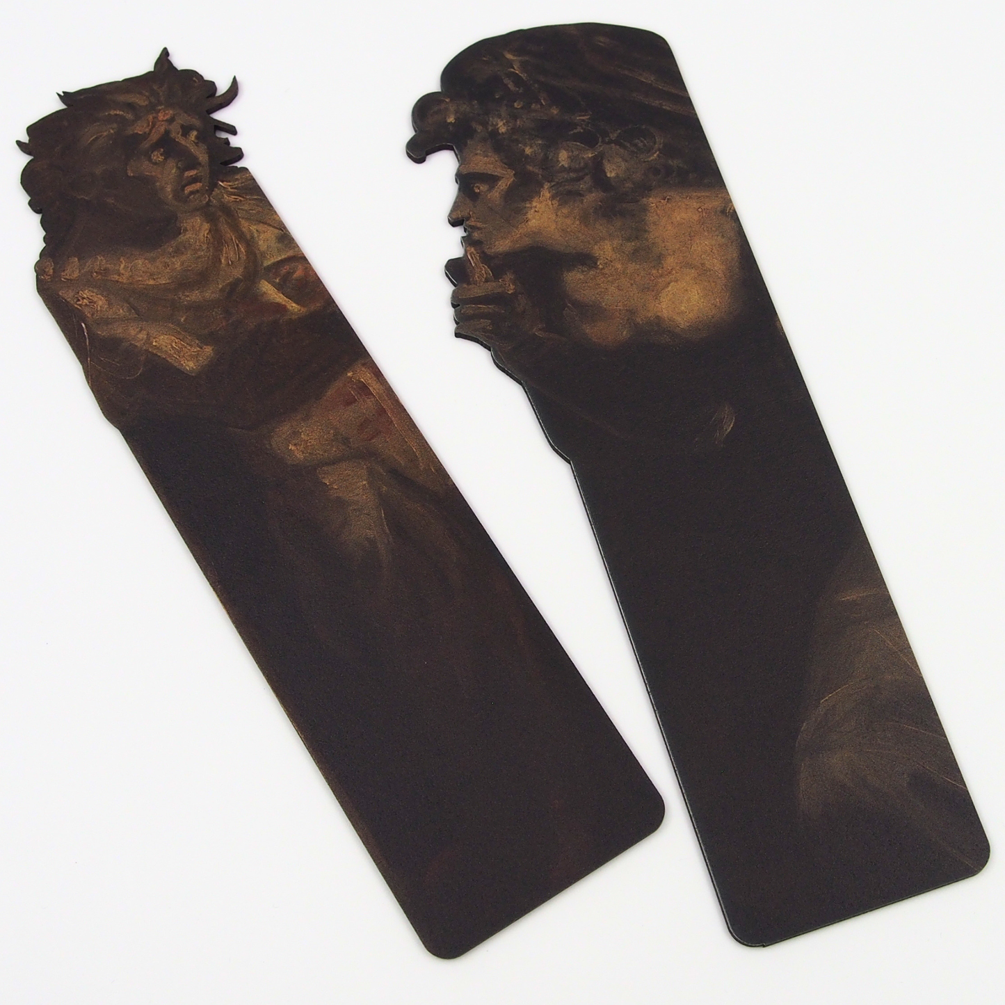 View of two wooden bookmarks - figures from 'Lady Macbeth Seizing the Daggers' by Fuseli. Shown on a white background 