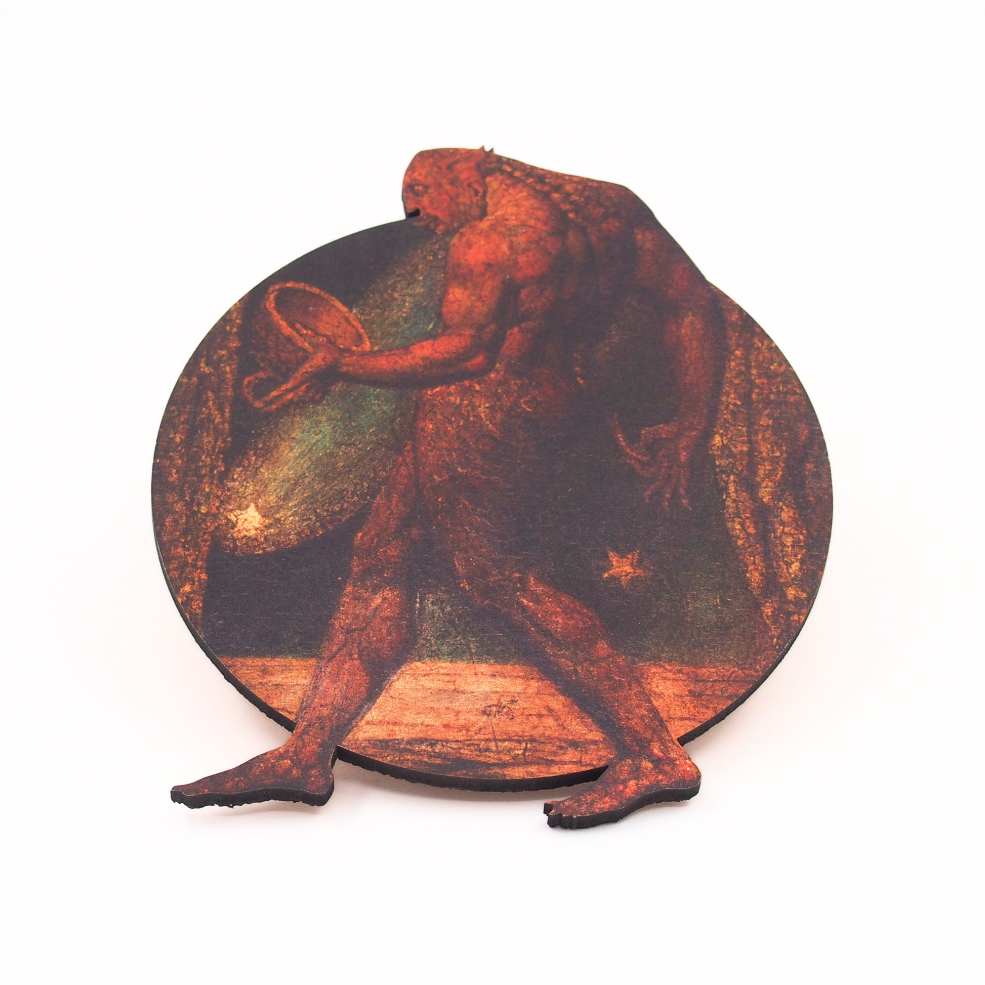 Side View of cork-backed coaster depicting 'The Ghost of a Flea' by William Blake