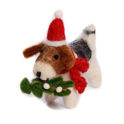 Fox Terrier with mistletoe sprig in red hat and red scarf.