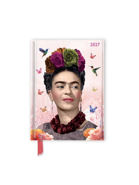 Frida Kahlo calendar with floral headpiece and butterflies on a white background