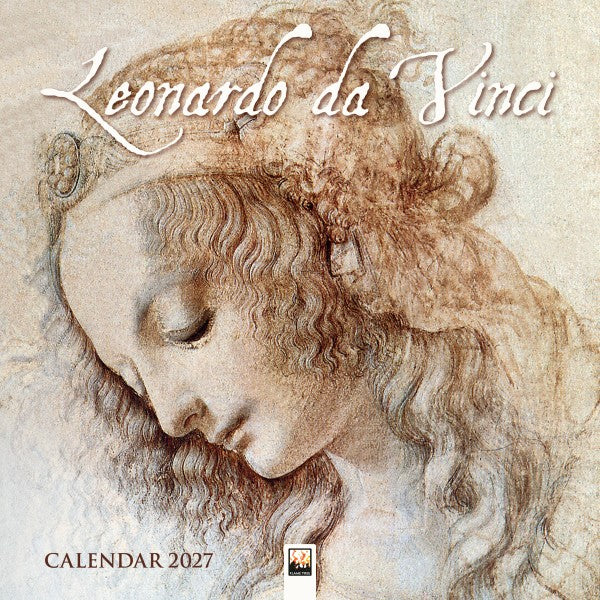 Leonardo da Vinci calendar cover with a detailed drawing of a head on a beige background.