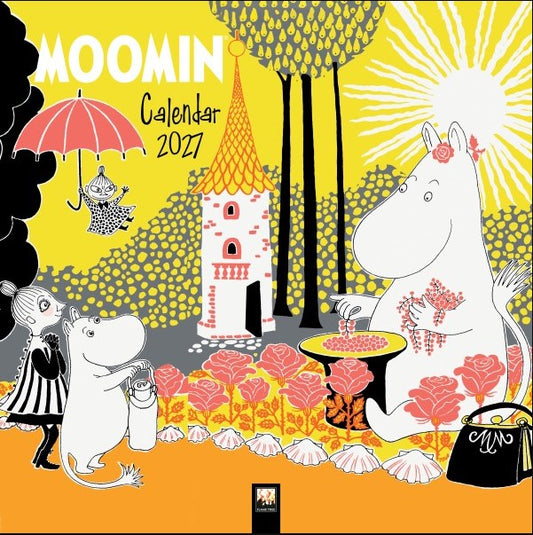 Moomin-themed 2027 wall calendar cover featuring Moomin characters and illustrated scenery in a stylized graphic design. The cover includes the title 'MOOMIN Calendar 2027' and shows characters such as Moomin, Tintin, and the Cat in a yellow, orange, black, and white illustration.