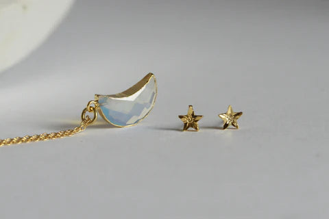 Delicate Moonstone Moon Necklace and Star Earrings | Crystal Jewellery SET