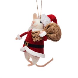 white mouse dressed in a santa suit carrying a sack