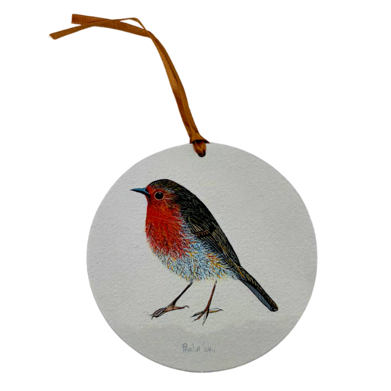 A round white ceramic Christmas ornament featuring a painted robin bird with a red breast, black back, and blue underparts, hanging from a brown ribbon on a white background.