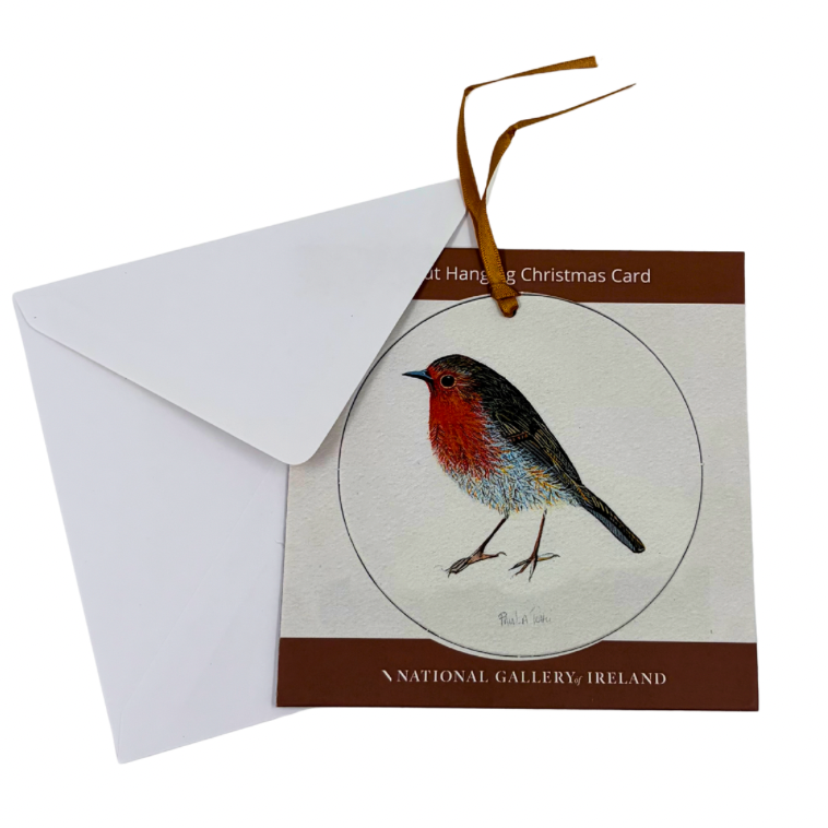 A hanging Christmas card featuring an illustrated robin bird, shown with a white envelope behind it on a plain white background.