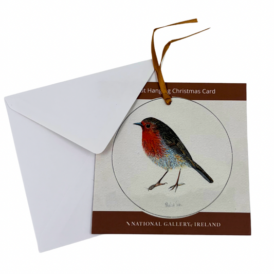 A hanging Christmas card featuring an illustrated robin bird, shown with a white envelope behind it on a plain white background.