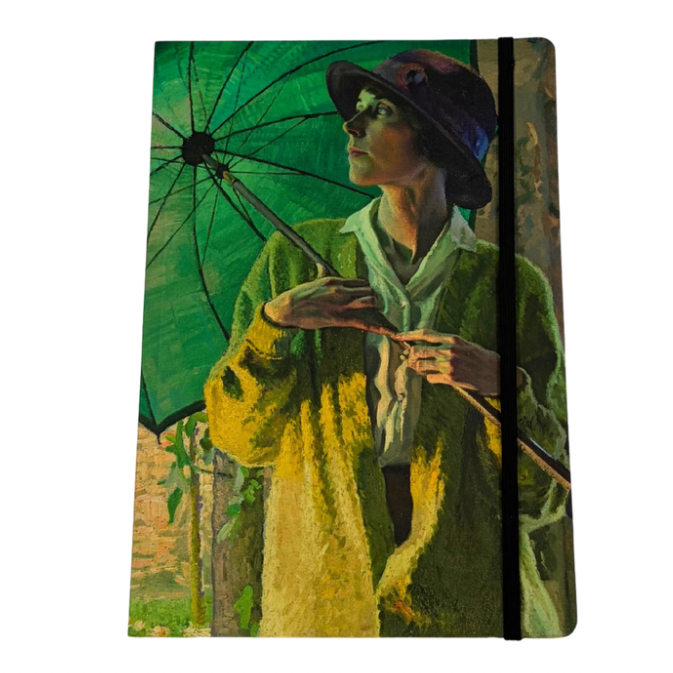 A hardcover notebook or journal featuring a vintage-style painting of a woman in a green coat and hat holding a green umbrella, shown against a plain white background.
