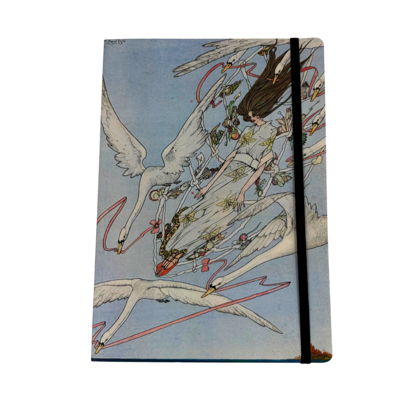 A hardcover notebook featuring a vintage-style illustration of white swans flying against a light blue sky, bound with a black elastic closure band.