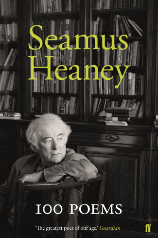 A black and white photo of Heaney looking over the back of his chair, with bookshelves behind him. His name is across the top in yellow and the title is across the bottom in white.