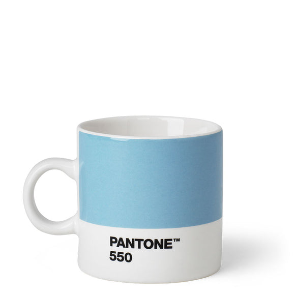 A short cup with a wide panel of light blue around the top two thirds. Underneath is a white stripe with ‘Pantone 550’ in small black capitals. It has a small white handle and white inside.