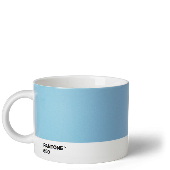 A wide round cup that is mainly light blue with a white stripe around the bottom with ‘Pantone 550’ in small black capitals. It has a big white handle and white inside.