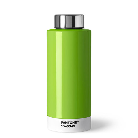 A shiny cylindrical bottle that is light green with a white stripe around the bottom with ‘Pantone 15-0343’ in small black letters, and a silver lid.
