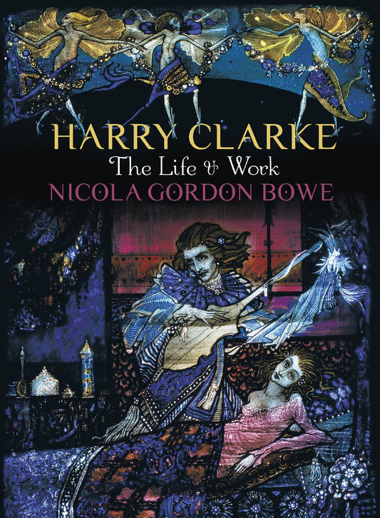 A dark cover with an intricate illustration of a man playing a lute like instrument to a woman in bed. The title is across the top in yellow and white.