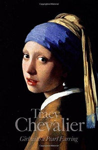 A painting of a young woman wearing a large pearl earring looking over her shoulder with a blue and yellow scarf wrapped around her head. The author and title are in pale grey at the bottom.