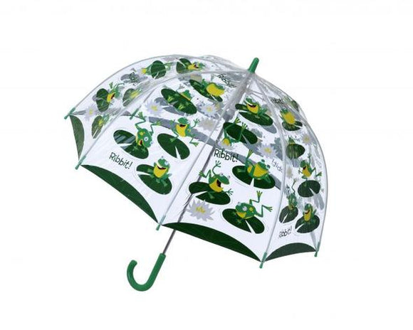 An open umbrella with a clear canopy covered in a pattern of cartoon frogs in different poses on lily pads, with scattered white water lilies and ‘ribbit!’ in green letters.