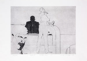 A black and white drawing a man shaving, a shadowed figure behind. In the foreground is a man with glasses from the shoulders up.