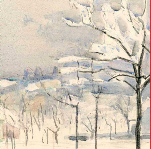 An impressionist watercolour painting of thin, bare trees in a snowy landscape.