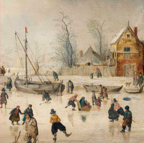 An old fashioned painting of a snowy scene with people skating on ice. A house is visible in the background and small boats are frozen in place.