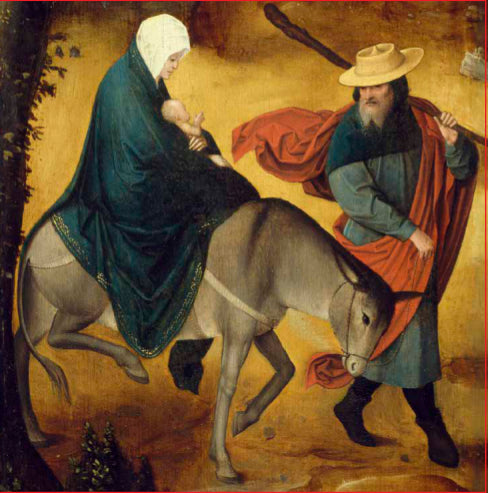 A painting of a woman wrapped in a cloak riding a donkey and holding a baby. The donkey is being led by a bearded man. The background is a golden yellow.