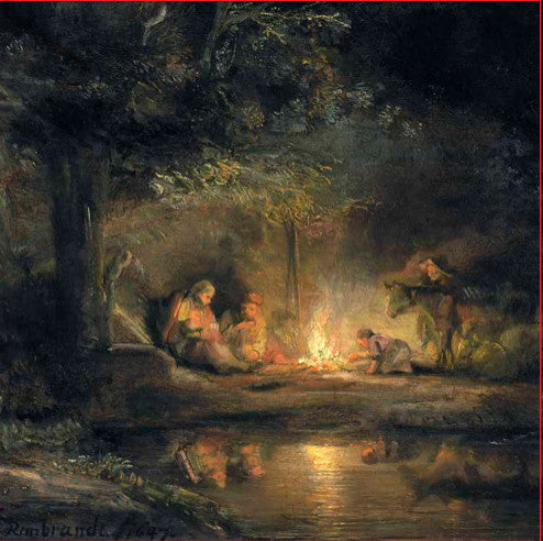 A painting of a dark landscape at night. In the bottom left corner a fire illuminates a man, woman, child and donkey.