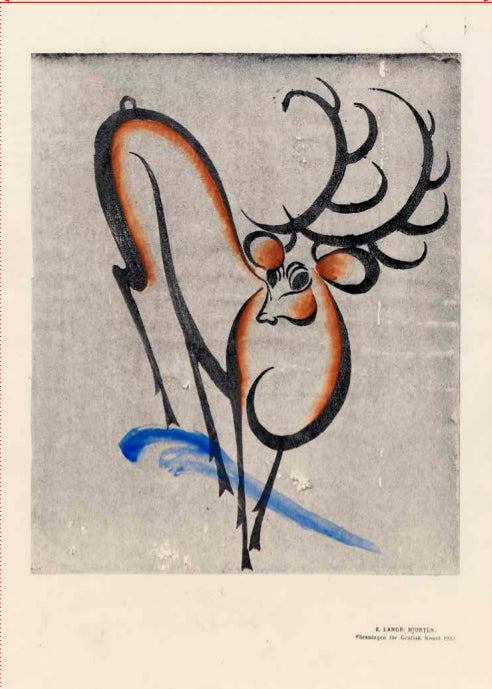 An illustration of a deer with antlers drawn in simple calligraphy lines on beige toned paper.