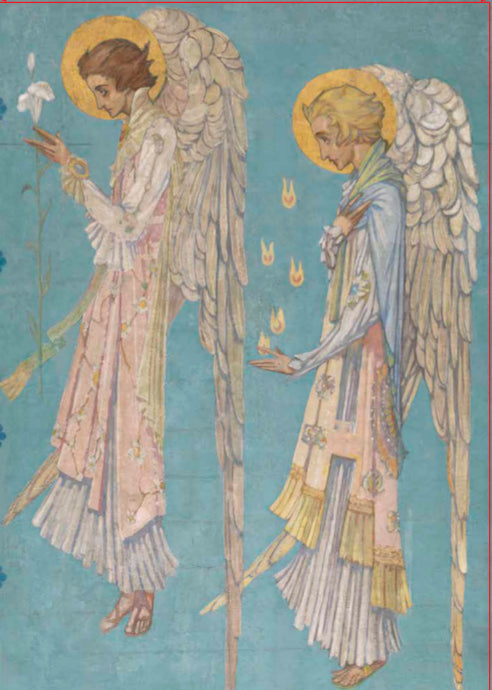 An illustration of two tall, thin angels drawn on a blue background. Both face to the left. A brown haired angel holds a long stemmed lily and a blond angel has small flames above his outstretched hand.