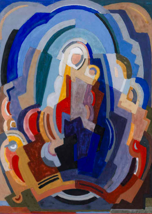 A flat, abstract painting of a woman holding a child. It is made up of various shapes in different colours, primarily shades of blue.