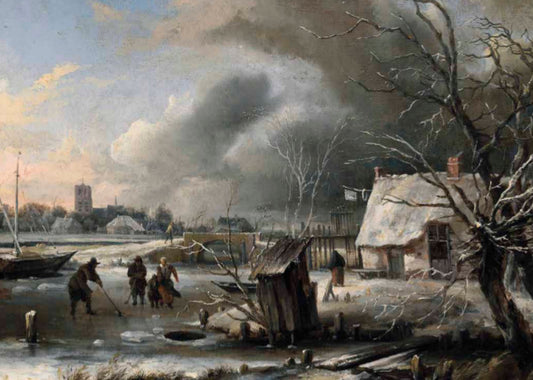 A snowy scene of a house on the banks of a frozen river. There is a family on the ice and a town can be seen in the distance.
