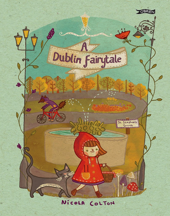 A sage green background with an illustration of a park taking up most of the page. At the front a little girl in a red hooded coat carries a basket and is followed by a cat. The title is written in a scroll at the top.