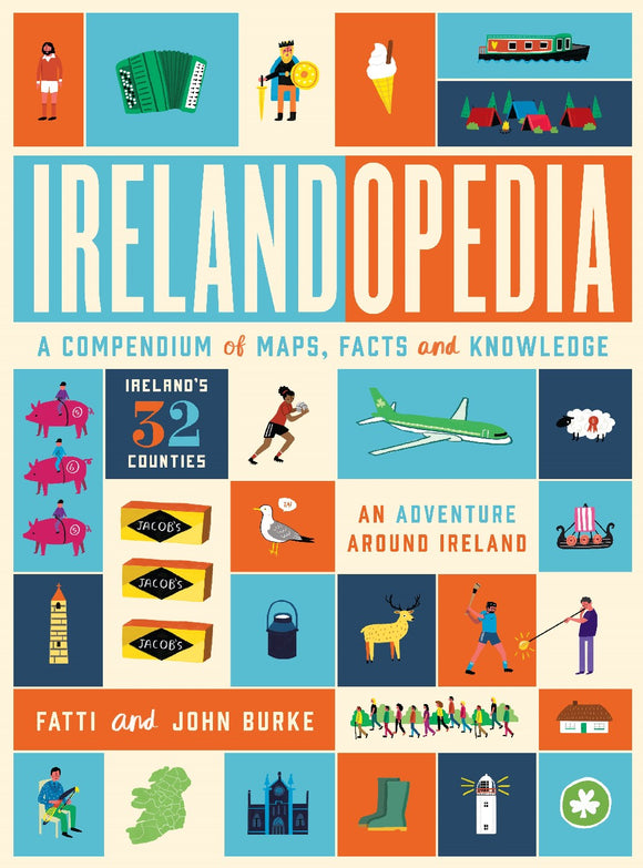 A cover made up of different squares of red, blues and cream. Each one has a different drawing of Irish things such as hurling, a cottage and Jacob’s crackers. The title is across the middle in red and light blue.