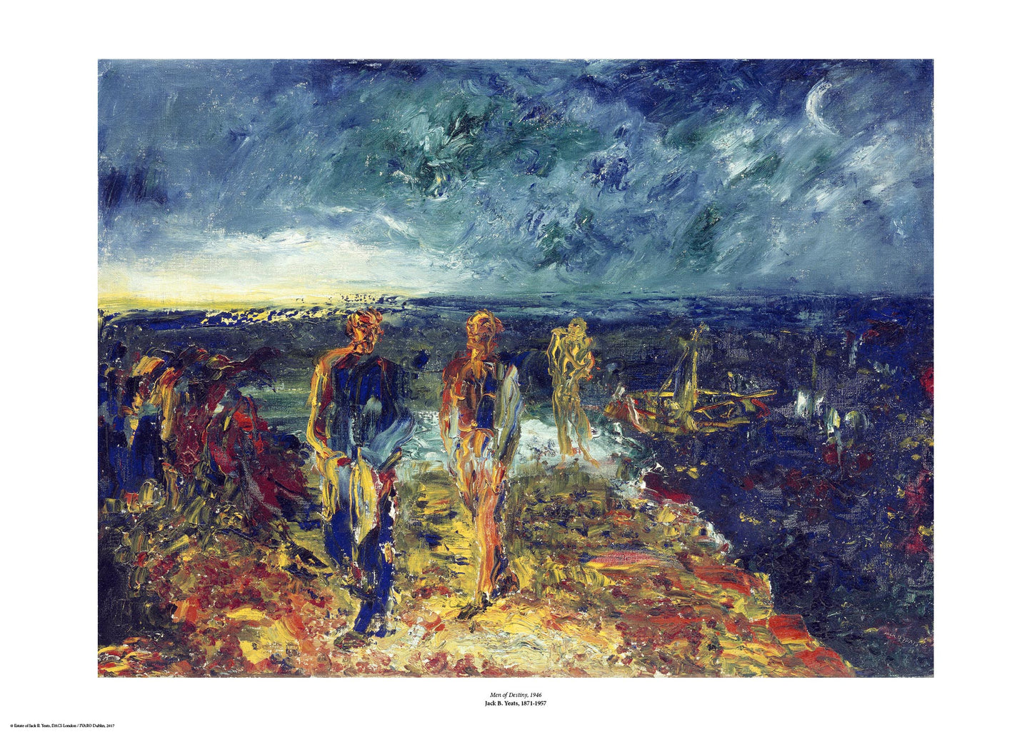 An expressionist painting with visible brush strokes and paint texture of three people moving towards the viewer after leaving a small boat. The sky and sea are dark blue while the men and land are strokes of red, yellow and orange. The painting is surrounded by a white border with its name and painter at bottom centre.