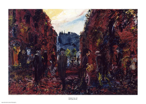 An expressionist painting with visible brush strokes and paint texture of a street scene with multiple people going about their day and dark red buildings along the side. The painting is surrounded by a white border with its name and painter at bottom centre.