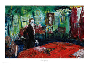 An expressionist painting of a man in a well decorated green room with a red table in the foreground. The style of painting is looser with visible brush strokes and paint texture. The painting is surrounded by a white border with its name and painter at bottom centre.