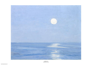 A clear blue sky takes up two thirds of the painting with a small moon just right of centre. The lower third is a darker blue sea with the moon reflected on the surface. The painting is surrounded by a white border with its name and painter at bottom centre.