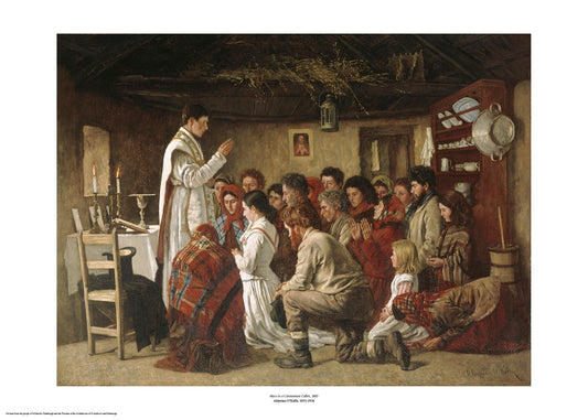 Inside a cottage a young priest in white has his hand raised in blessing over a group of people who kneel before him. They appear to be a wide range of ages and are dressed as typical peasants of the time. The painting is surrounded by a white border with its name and painter at bottom centre.
