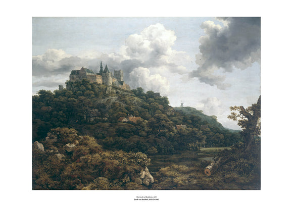 A castle sits atop a large, forest covered mountain that takes up most of the image. A scattering of houses are visible within the trees. The painting is surrounded by a white border with its name and painter at bottom centre.