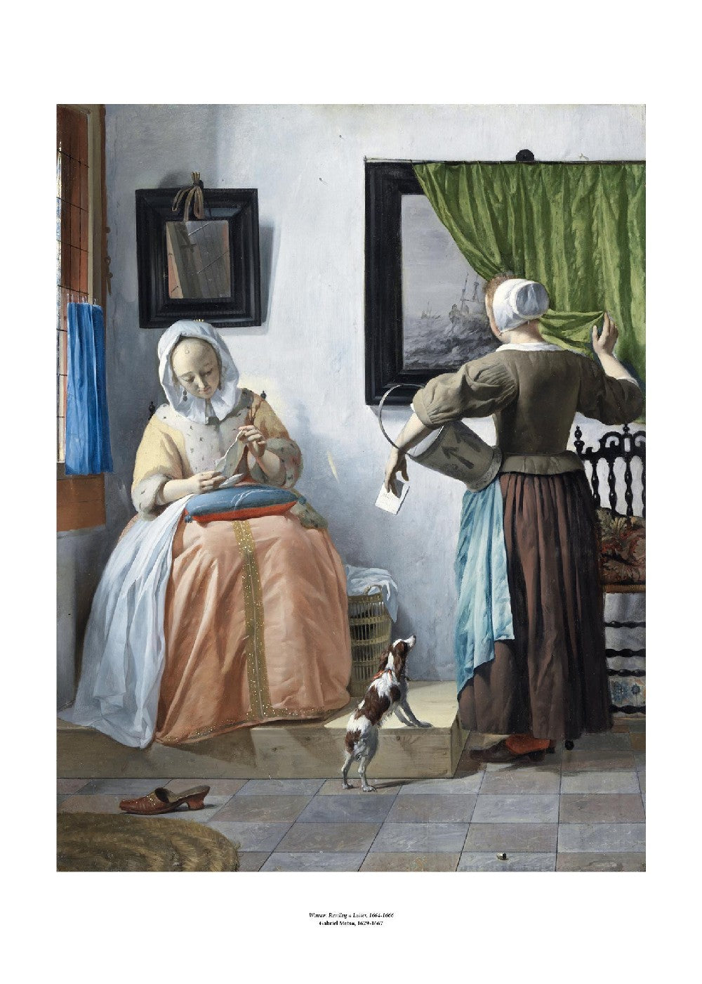 On the left woman in a peach and yellow sits reading a letter she has tilted towards the window to better see. On the right a maid stands with her back to the viewer pulling back a green curtain from a painting. The painting is surrounded by a white border with its name and painter at bottom centre.