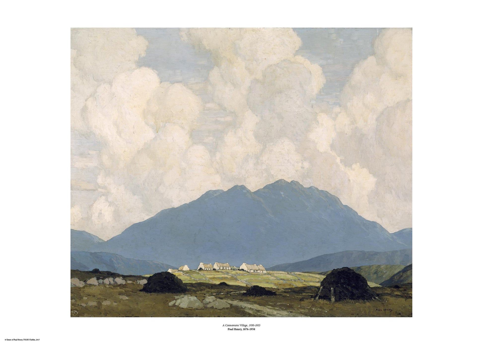 A cloud filled sky takes up half the painting with a muted mountain silhouette taking up another third of the image. A handful of small cottages are visible in the distance standing out against the dark of the distant mountain. The painting is surrounded by a white border with its name and painter at bottom centre.